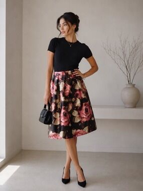 *Chelsea Mid Length A-Line Floral Pink Black Rose Print Pleated Skirt 0559